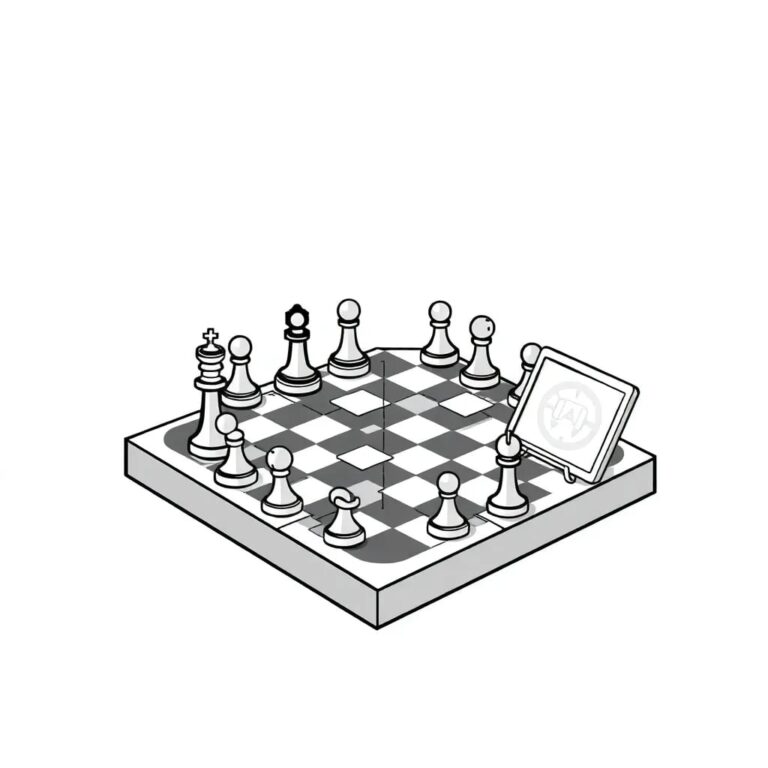 A mechanical chessboard with half the pieces replaced by digital tablets displaying AI algorithms