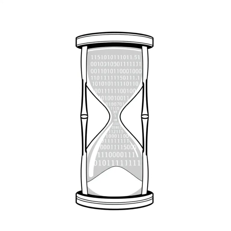 A futuristic, transparent hourglass filled with glowing binary code instead of sand