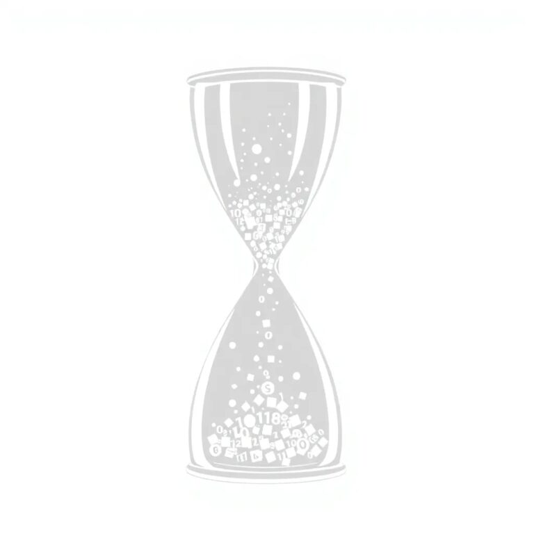 A futuristic, transparent hourglass filled with shimmering, binary code particles that shift and rearrange as they flow from the top to the bottom.