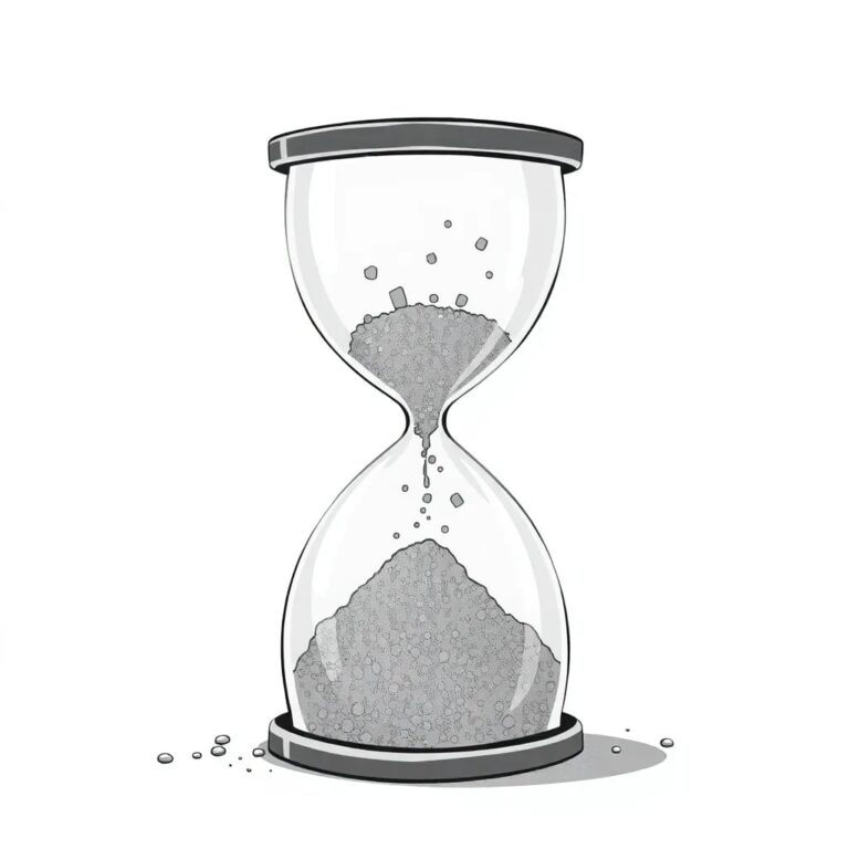 A shattered hourglass with digital sand particles