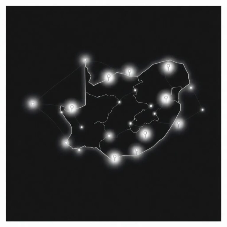 A dynamic, ever-shifting holographic map of South Africa, with glowing nodes representing AI initiatives that pulse and change in real-time, reflecting the journey from promise to performance.