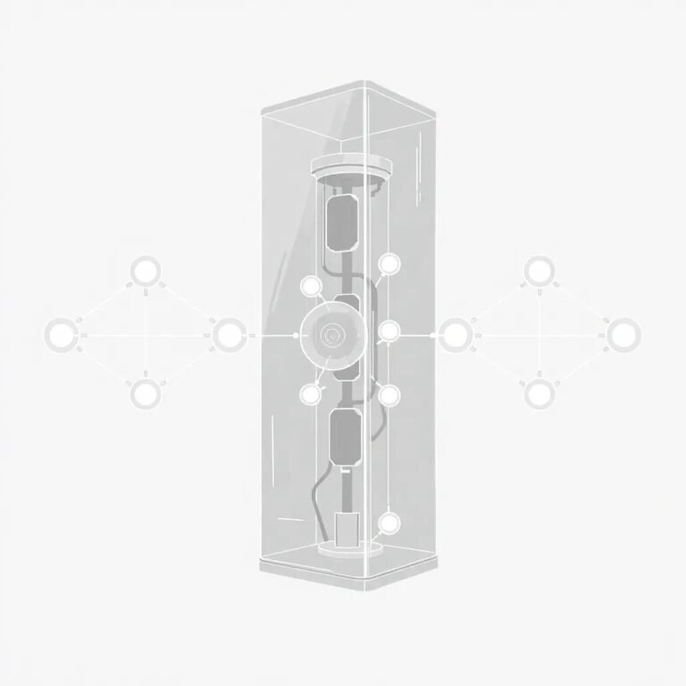 A futuristic, transparent AI control tower with glowing, interconnected nodes representing data governance and ethical oversight