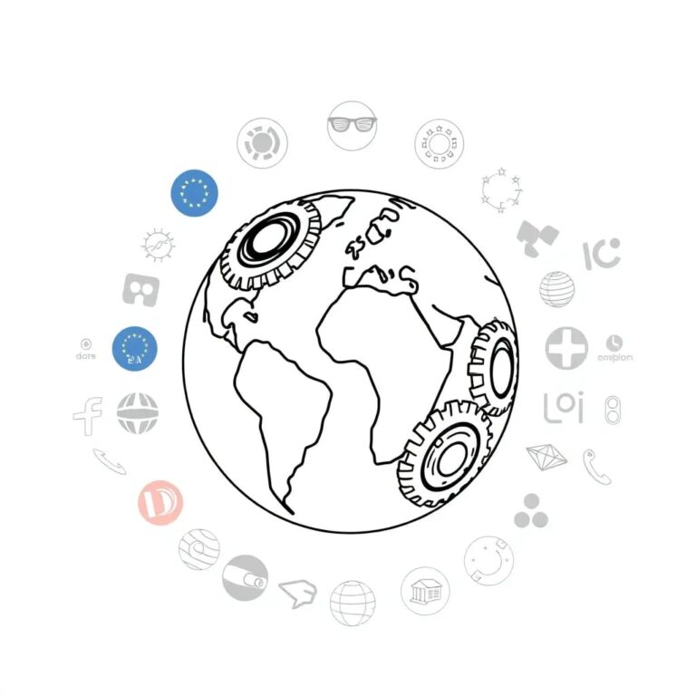 A futuristic, multilingual globe with AI-driven gears and EU flag accents, surrounded by a halo of glowing employer logos