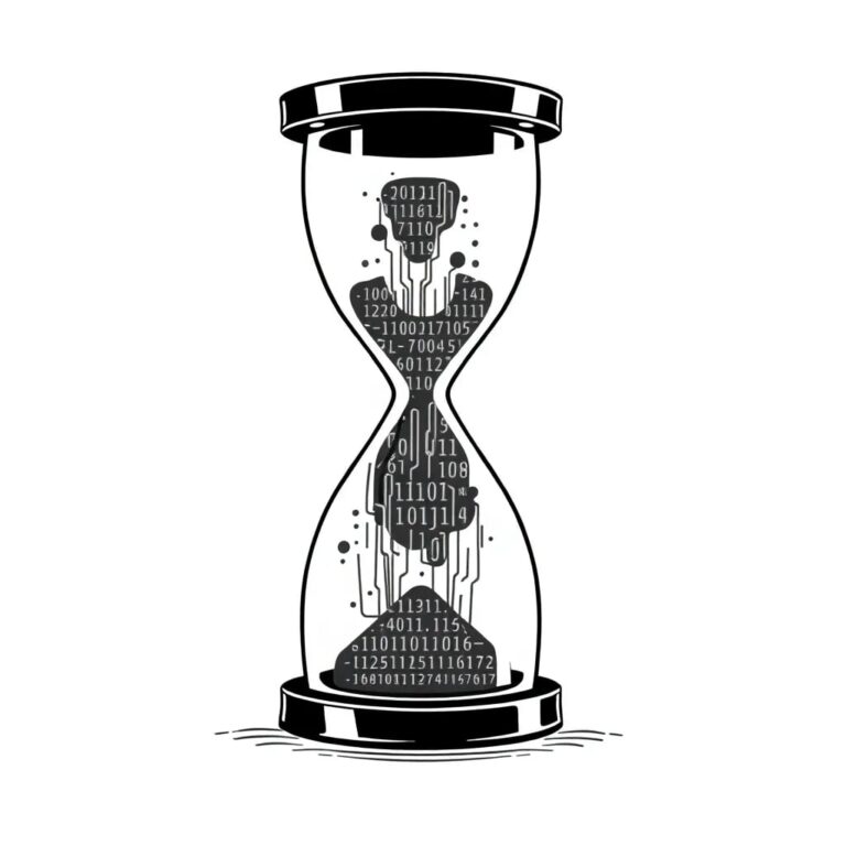 A futuristic hourglass filled with binary code and AI circuits