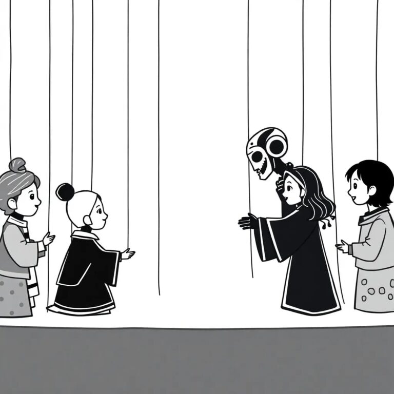 A multilingual, interactive, AI-driven puppet theater where the puppets represent diverse global communities, and the strings are controlled by a collaborative human-AI interface, symbolizing the integration of human ethics and AI technology.