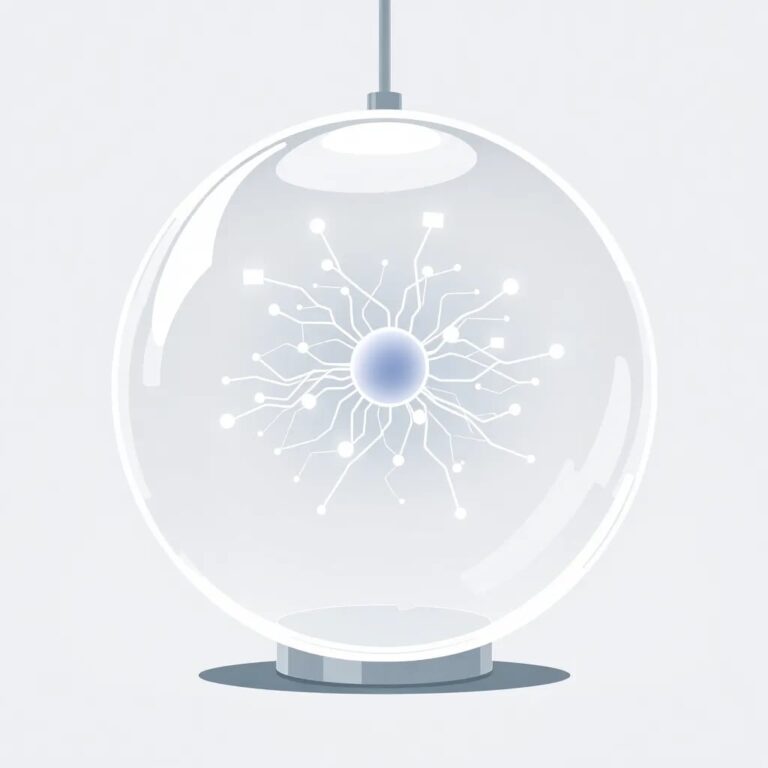 A futuristic, transparent AI neural network model suspended in a glass orb, with EU flags subtly integrated into the design, glowing with dynamic, interconnected lights.