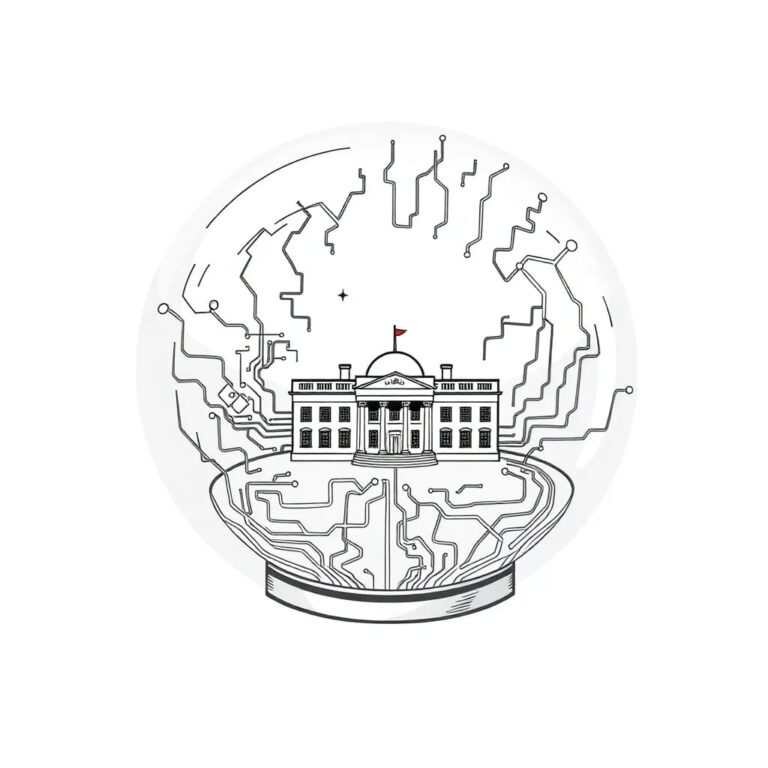 A futuristic, transparent glass orb filled with swirling, interconnected circuits and data streams, with a small, intricate model of the White House at its core.
