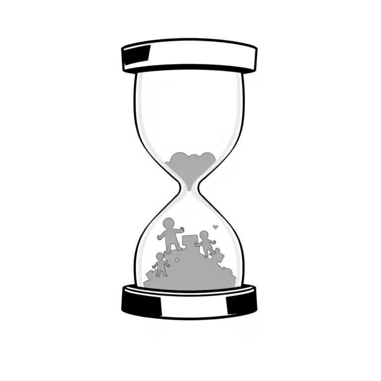 A digital hourglass filled with binary code and tiny, glowing puzzle pieces representing children, laws, and copyright symbols