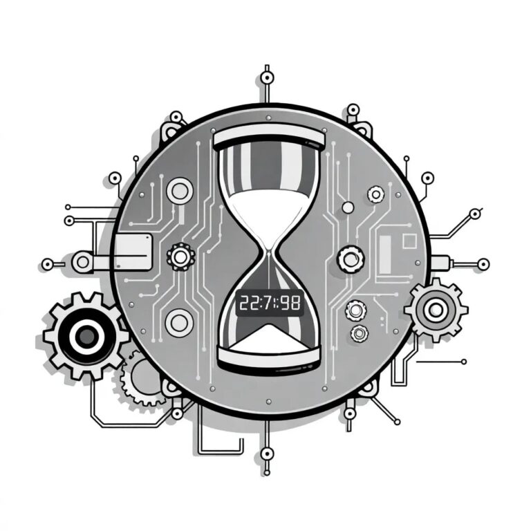 A futuristic, transparent AI circuit board with a digital hourglass displaying a countdown timer, surrounded by a network of interconnected gears and cogs, some of which are rusted and others gleaming with new technology.