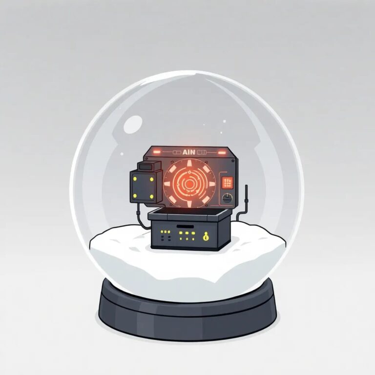 A crystal-clear snow globe containing a miniature AI control room with glowing circuits and a central, pulsating data core