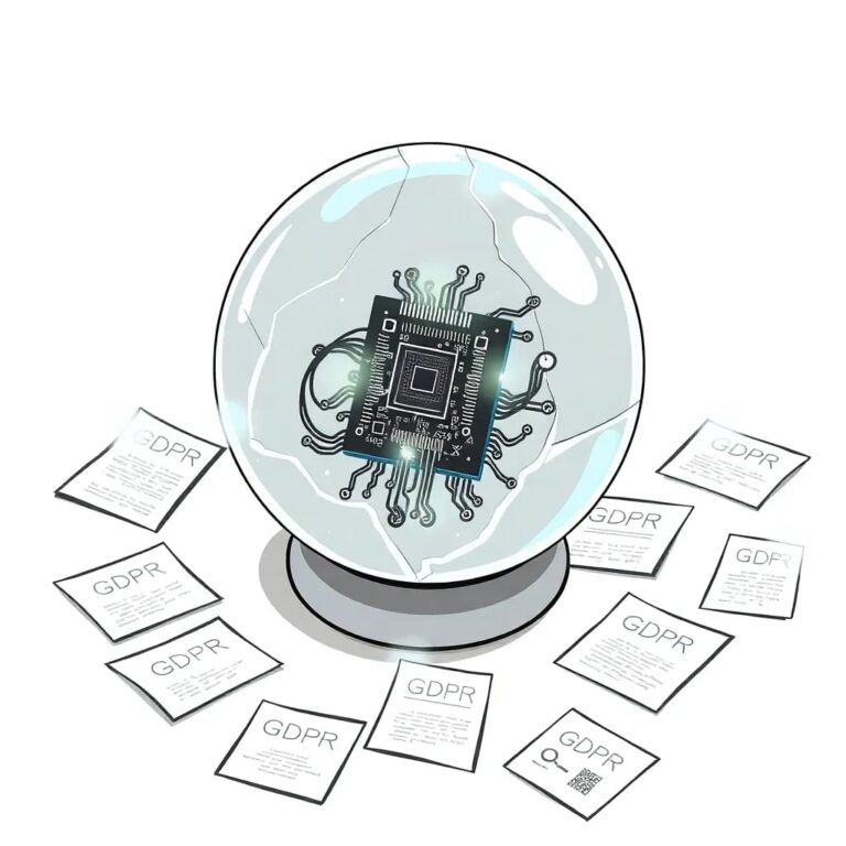 A shattered crystal globe with a glowing AI circuit board embedded within, surrounded by scattered, glowing GDPR regulation documents
