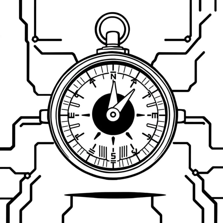 A compass with a digital display and AI-driven needle that adjusts in real-time to navigate through a labyrinth of interconnected circuits