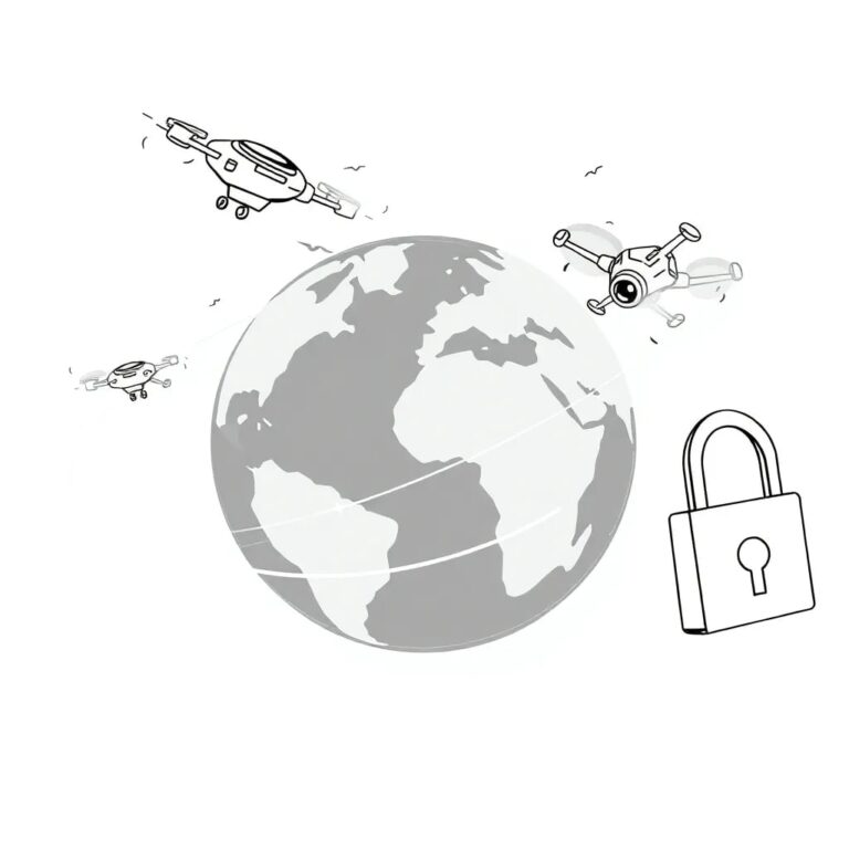 A futuristic, semi-transparent globe with intricate, glowing neural networks and autonomous drones orbiting around it, while a digital lock and key float nearby, symbolizing the intersection of AI, defense, and export controls.