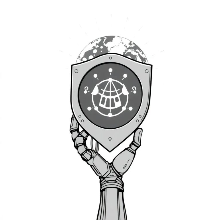 A cybernetic shield woven with threads of code and held aloft by a robotic arm, with a holographic globe displaying interconnected networks and governance symbols.