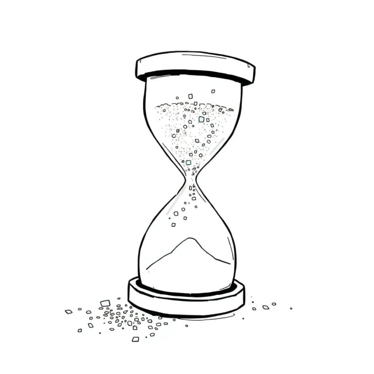 A shattered hourglass with digital sand particles that flicker and change color unpredictably