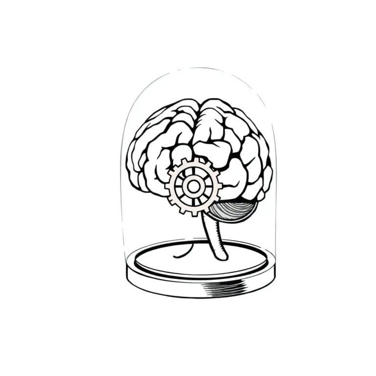 A futuristic, transparent AI brain encased in a glass dome, with a small, intricate gear mechanism that slowly rotates around it, symbolizing the delicate balance and ongoing development of AI regulation.
