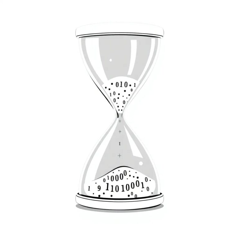 A futuristic, transparent hourglass filled with swirling binary code instead of sand