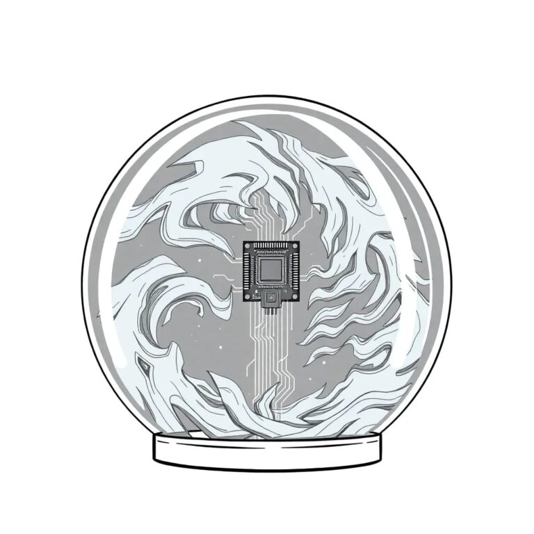 A futuristic, transparent glass dome containing a swirling, digital storm, with a small, intricate AI circuit board suspended in the center.