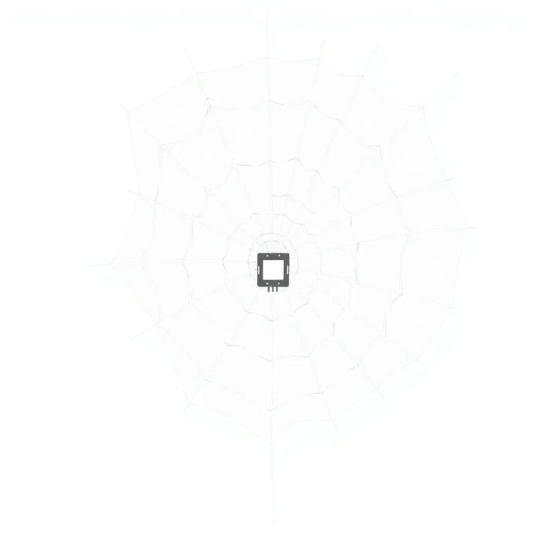A delicate, intricately woven spider web with a small, glowing AI chip suspended in its center