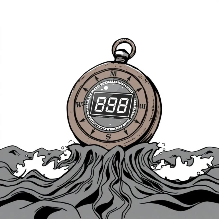 A rusted, antique compass with a digital display embedded in its face, floating on a stormy sea of circuit boards.