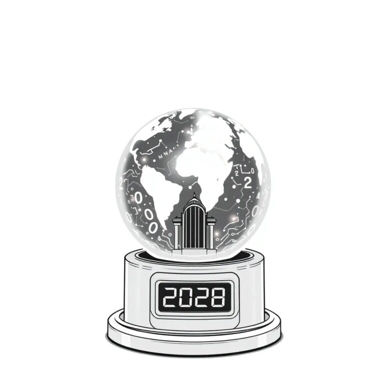 A futuristic, transparent globe filled with swirling, luminescent algorithms, encased in a sleek, metallic frame resembling a government building, with a digital clock counting down to the year 2028.