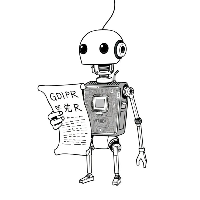 A mechanical puppet with a transparent chest revealing a complex, ever-changing digital circuit board, holding a miniature scroll with GDPR regulations