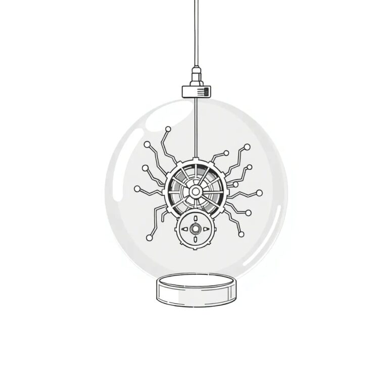 A futuristic, transparent AI neural network model suspended in a glass orb, with a small, intricate mechanical clockwork mechanism inside, symbolizing the regulation of time and progress.