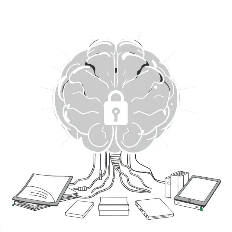 A futuristic, transparent AI brain with interconnected neural pathways, glowing with data streams, and a prominent API key embedded in its core, surrounded by a network of educational books and digital tablets.