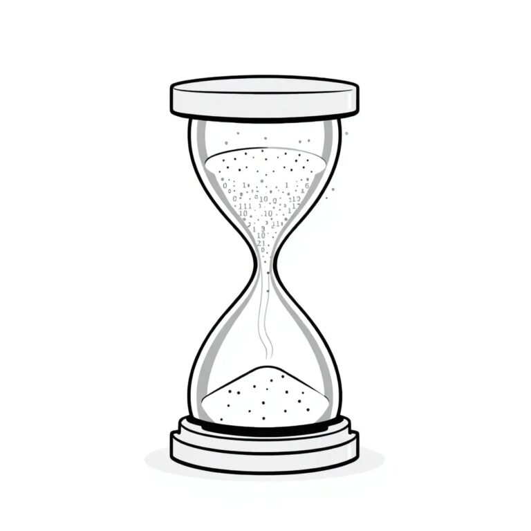 A digital hourglass with flowing binary code instead of sand