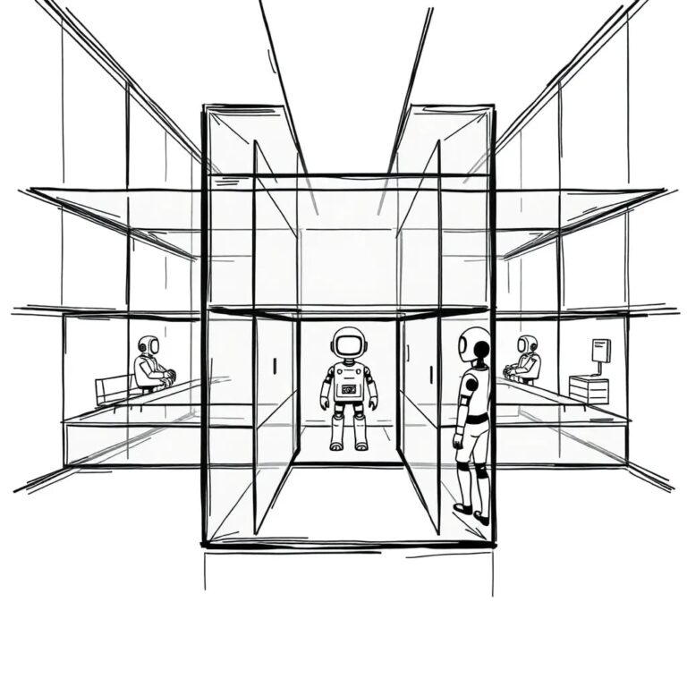 A multi-layered, transparent glass maze with AI-driven robotic navigators