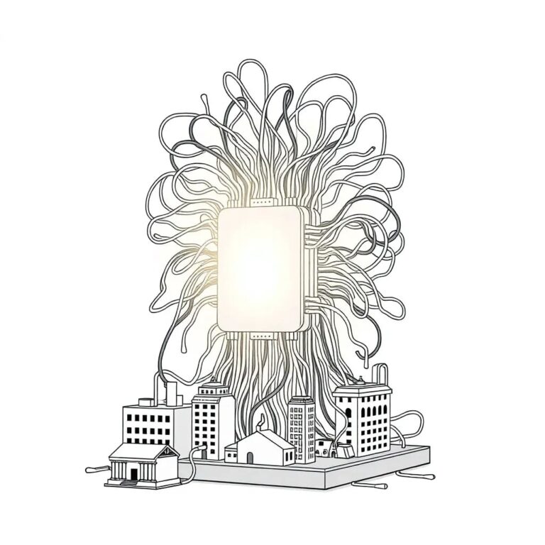 A futuristic, intricately wired neural network sculpture with a central AI processor glowing softly, surrounded by miniature representations of government buildings and digital code streams flowing between them.