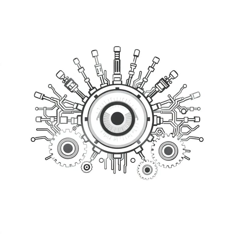 A digital crown of interconnected circuits and gears, with a glowing AI eye at its center