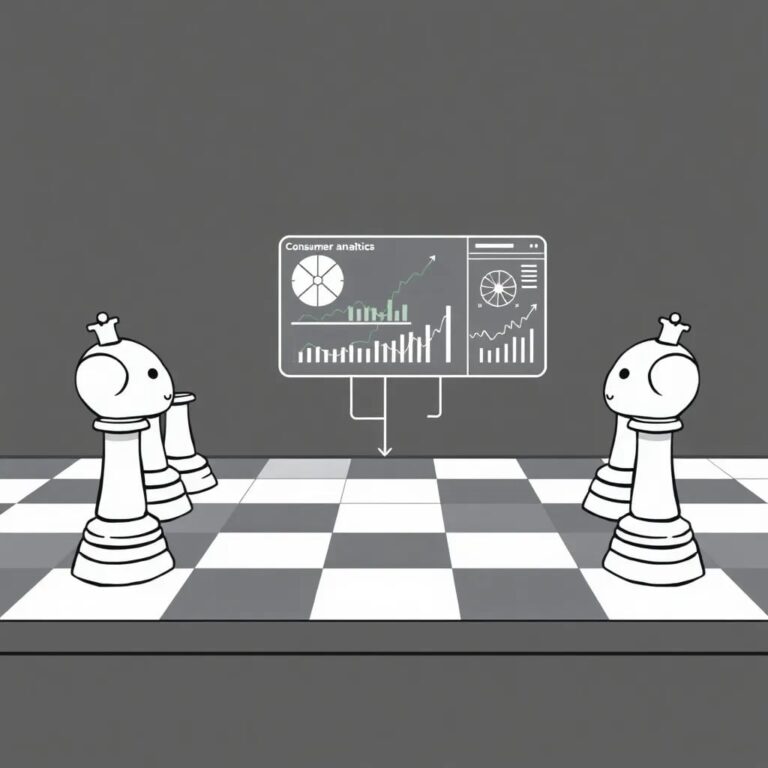 A chessboard with AI-controlled pieces playing against human-controlled pieces, where the AI pieces are connected to a digital interface displaying real-time data and consumer behavior analytics.