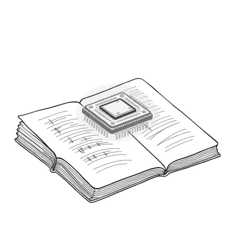 A futuristic, transparent AI processor chip embedded within an antique, open government ledger book