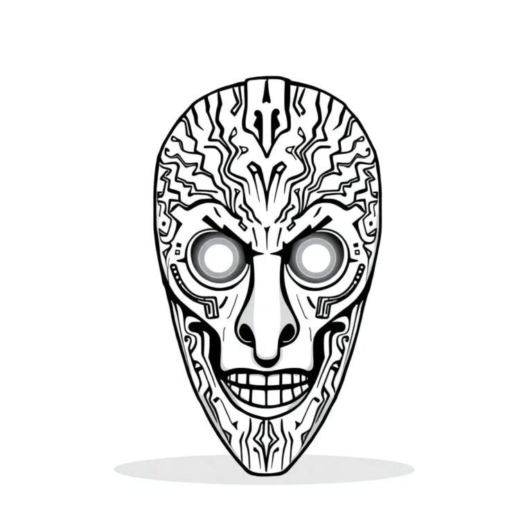 A hand-carved wooden AI processor shaped like an African mask, with intricate patterns representing data pathways and glowing LED eyes.