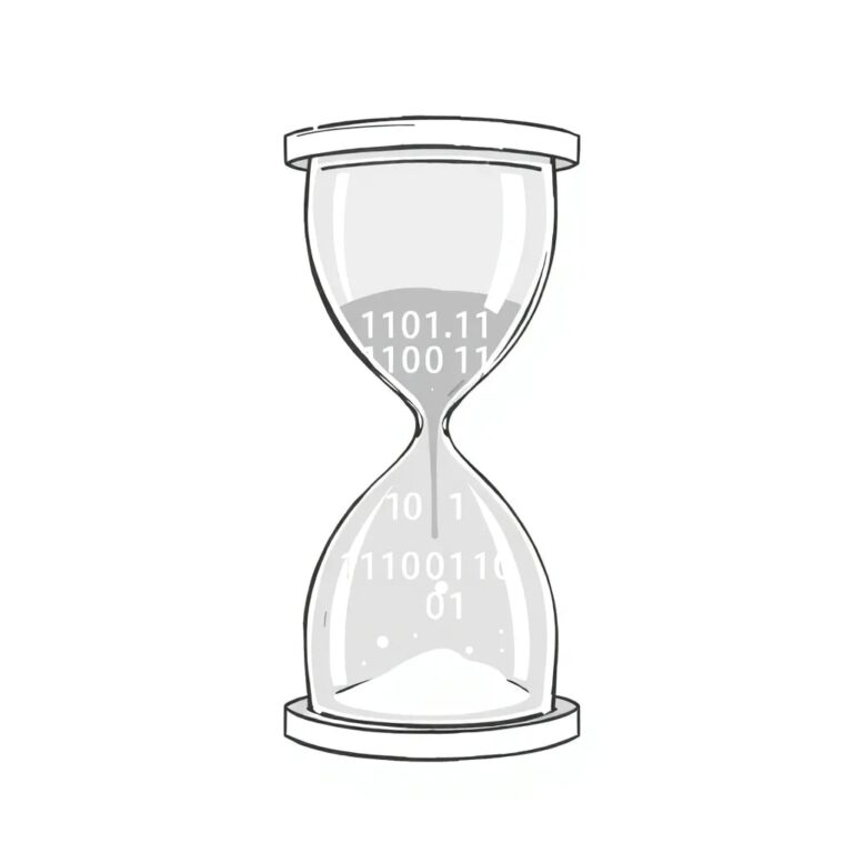 A digital hourglass filled with binary code