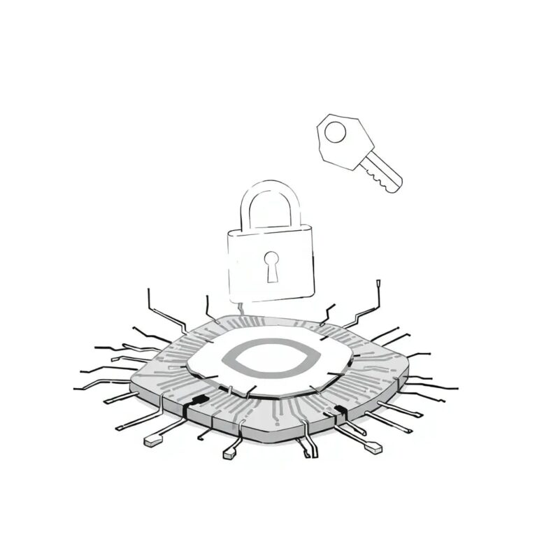 A shattered, glowing circuit board with a digital lock and key floating above it