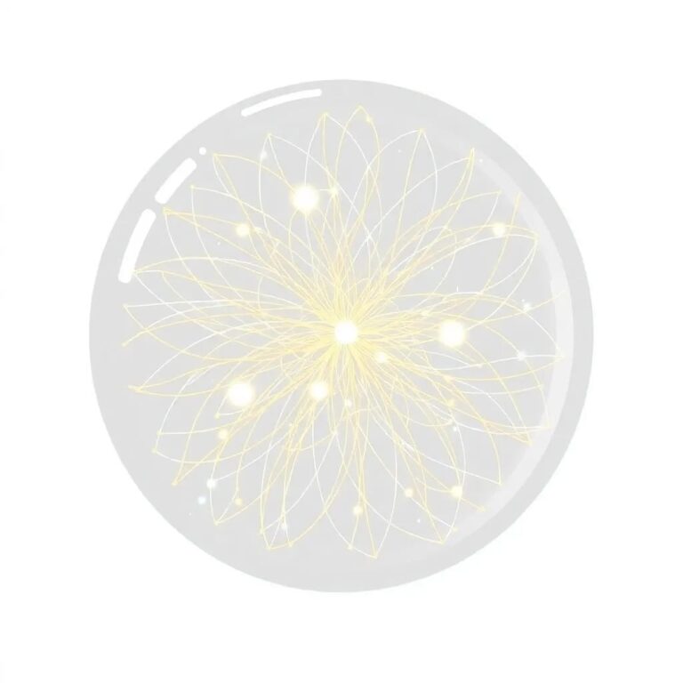 A radiant, intricately woven web of golden threads, each strand pulsating with soft, ethereal light, suspended within a transparent, crystalline orb.