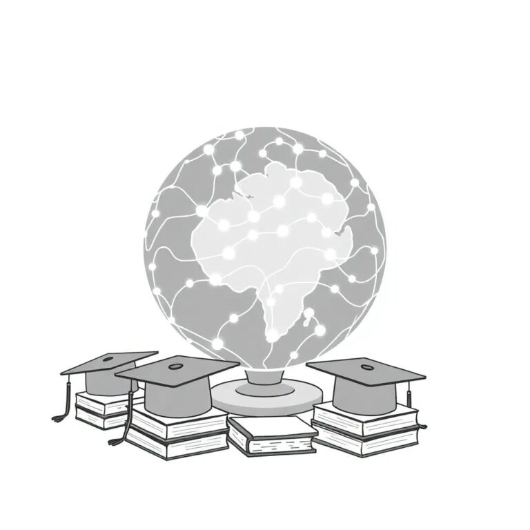 A digital globe with interconnected neural networks glowing beneath its surface, surrounded by books and graduation caps