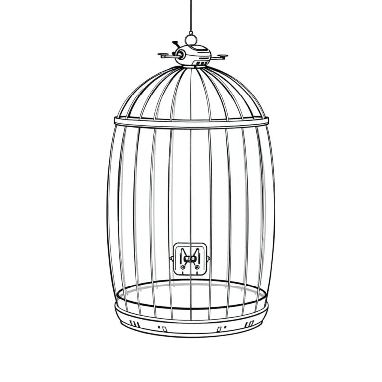 A high-tech, intricately designed birdcage with AI-powered locks and a small, glowing drone perched on top
