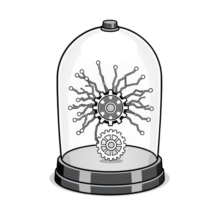 A futuristic, transparent AI neural network model encased in a glass dome, with a glowing, pulsating core, and a small, intricate gear mechanism that slowly rotates, symbolizing the integration of technology and governance.