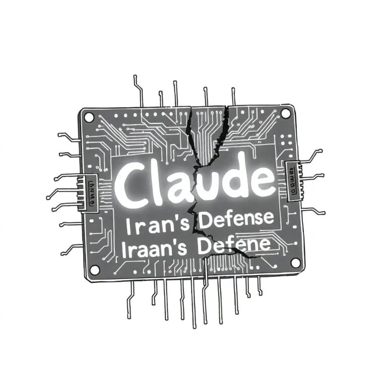 A shattered, yet still glowing, digital circuit board with the words 'Claude' and 'Iran's Defense' etched into its fragments