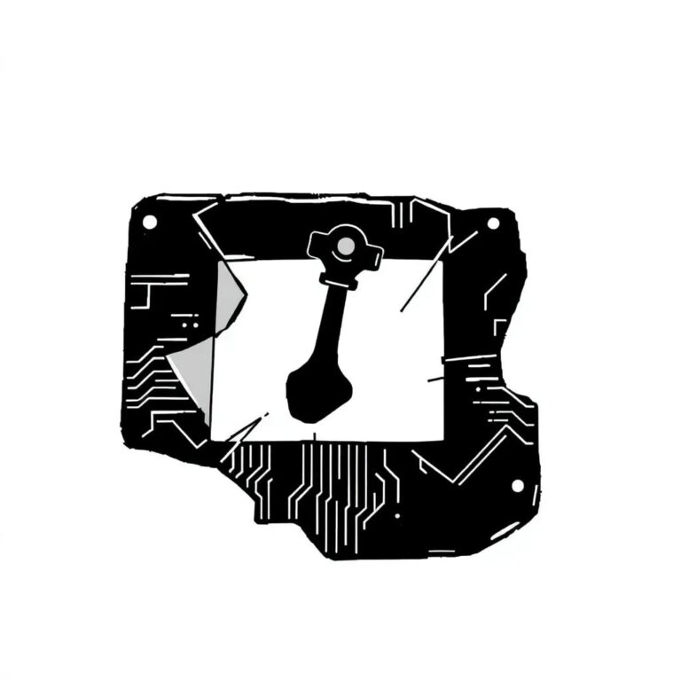 A shattered glass circuit board with a gavel-shaped fragment