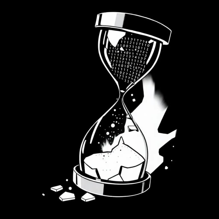 A shattered, high-tech hourglass filled with glowing binary code instead of sand