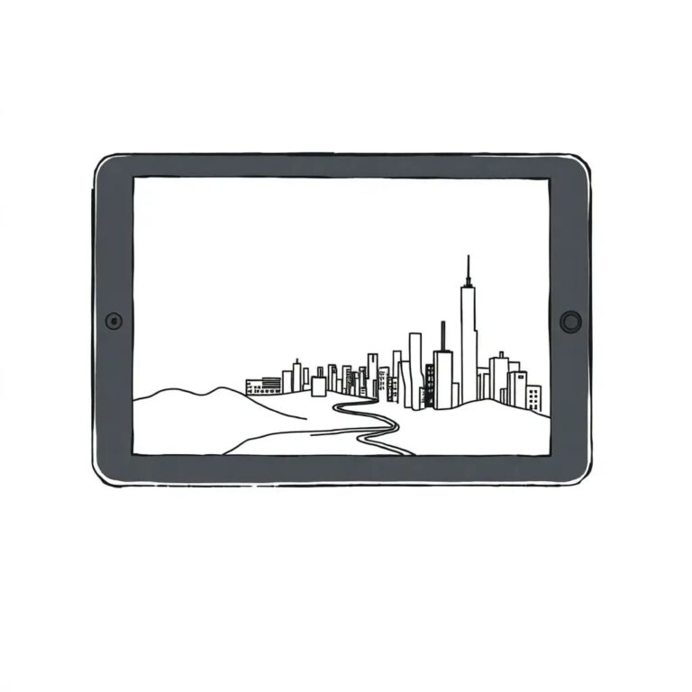 A digital tablet with a constantly shifting, ever-evolving landscape that morphs from a blank slate to a complex cityscape, symbolizing the generative and transformative nature of digital replicas.