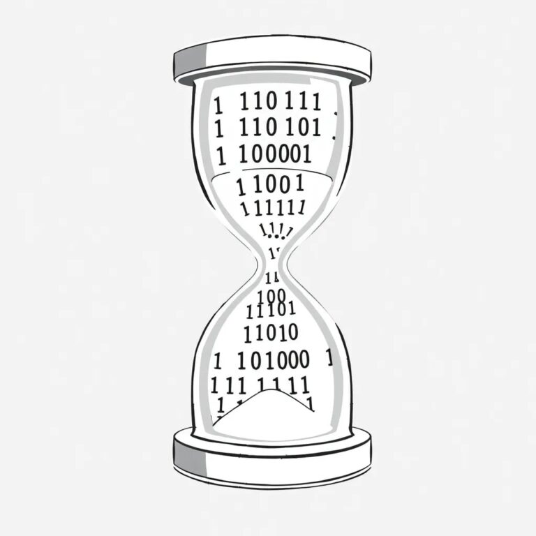 A digital hourglass filled with binary code