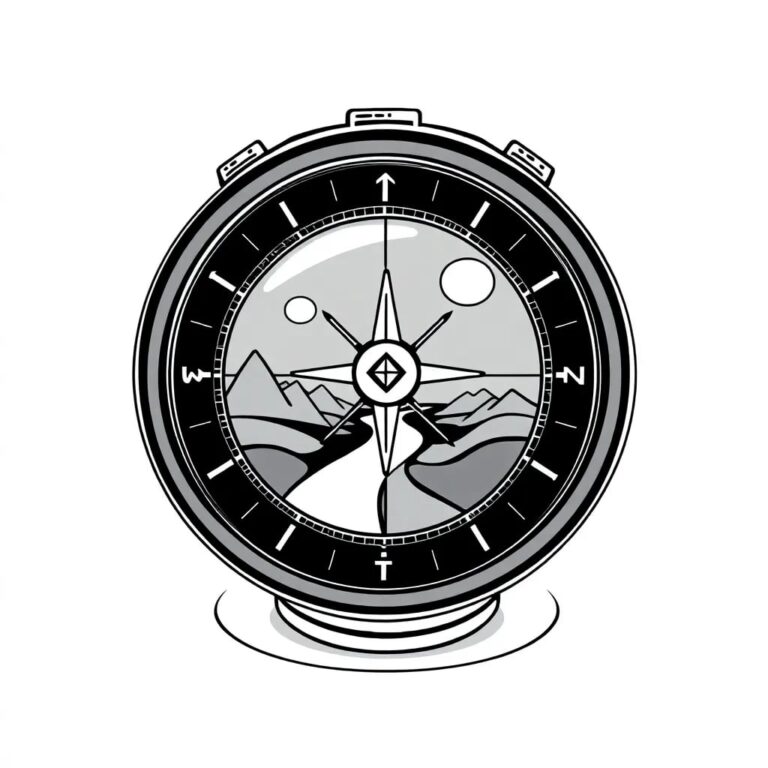 A futuristic, transparent AI-driven compass with a digital display that shows shifting regulatory landscapes and ethical pathways.