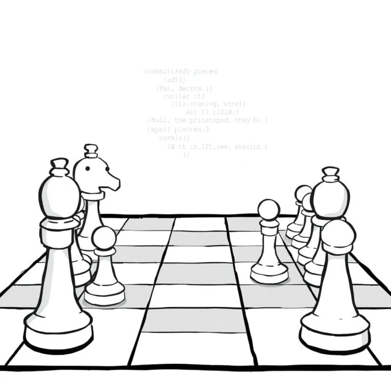 A chessboard with AI-controlled pieces facing off against human-controlled pieces, with a digital code overlay on the board