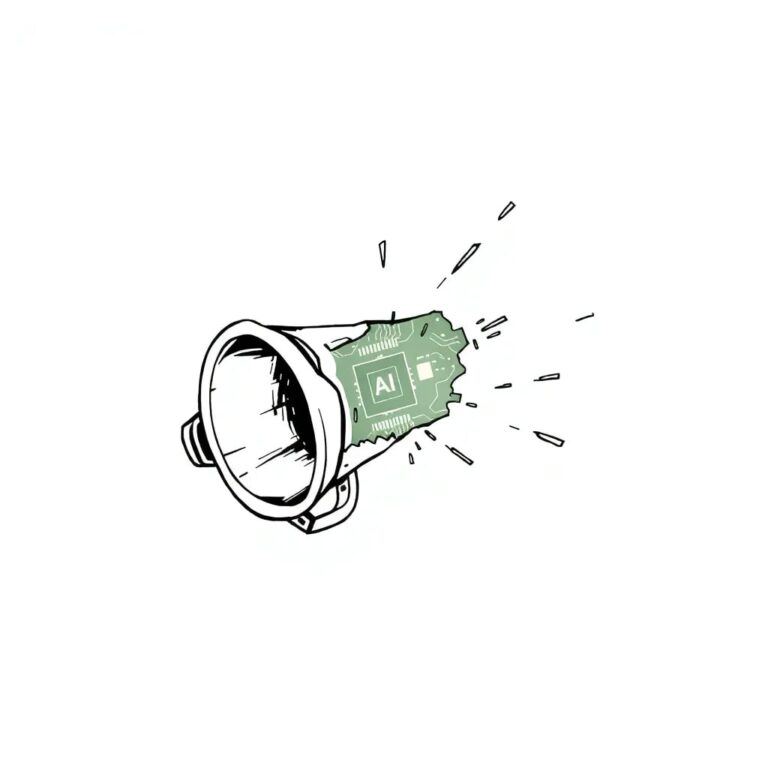 A shattered megaphone with a glowing AI circuit board embedded within