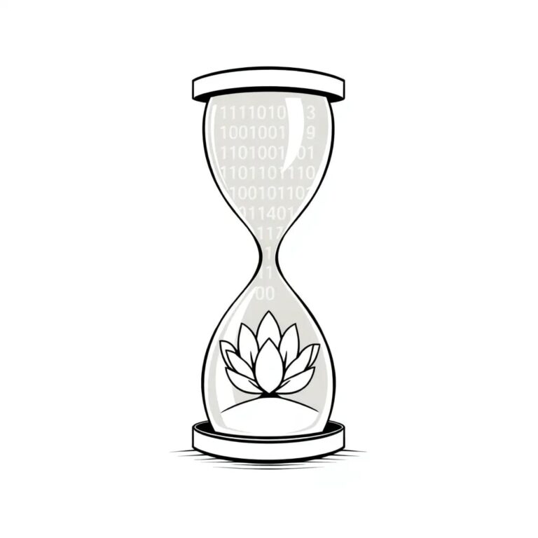 A digital hourglass filled with binary code, slowly transitioning into a lotus flower as it empties